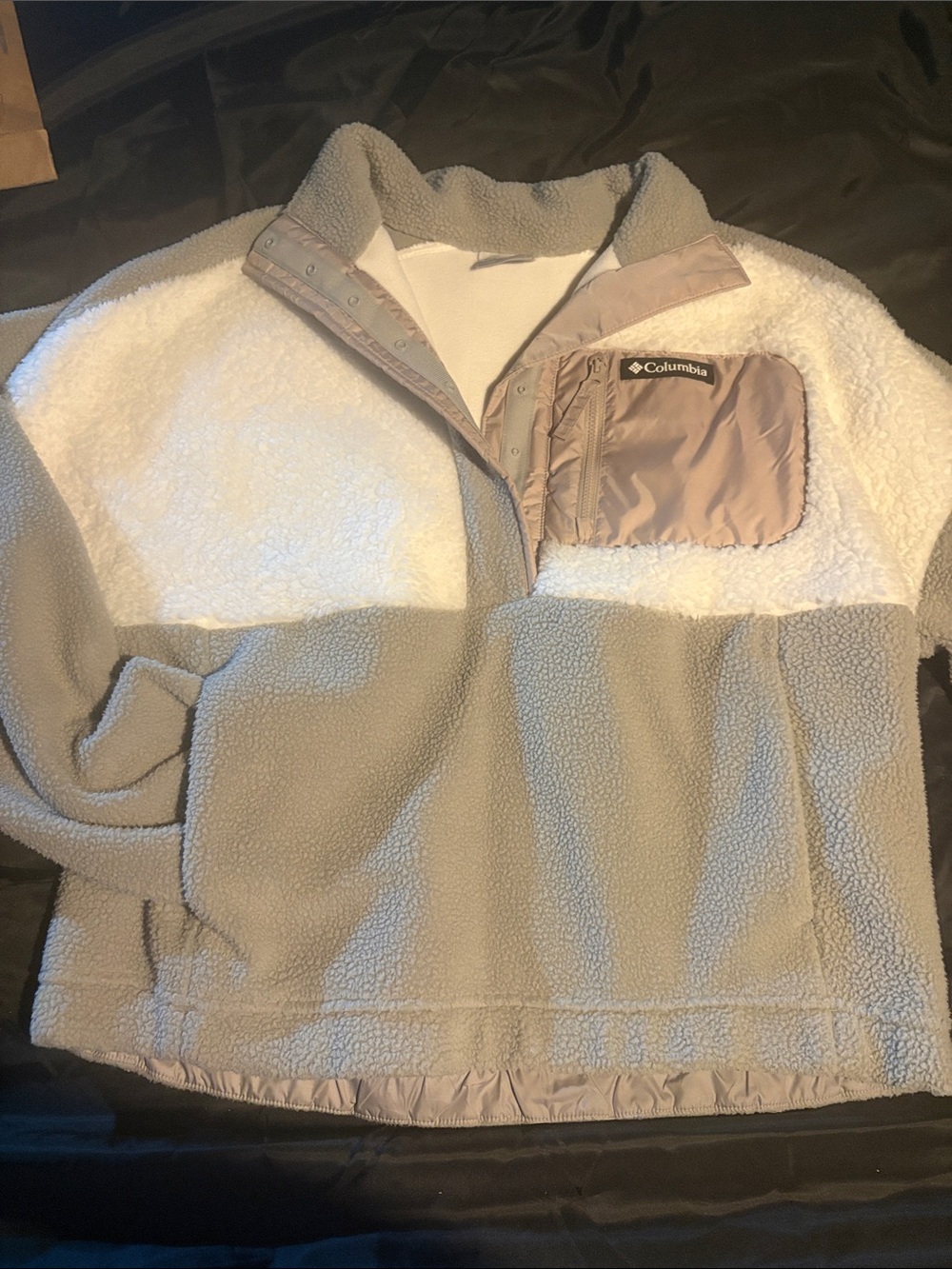 Columbia Two-Tone Sherpa Waist Crop Pullover in Beige and White